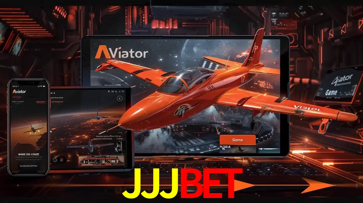 Apresentação tecnológica do jogo Aviator com um avião saindo da tela de um tablet, demonstrando a experiência imersiva em múltiplos dispositivos no JJJBET.