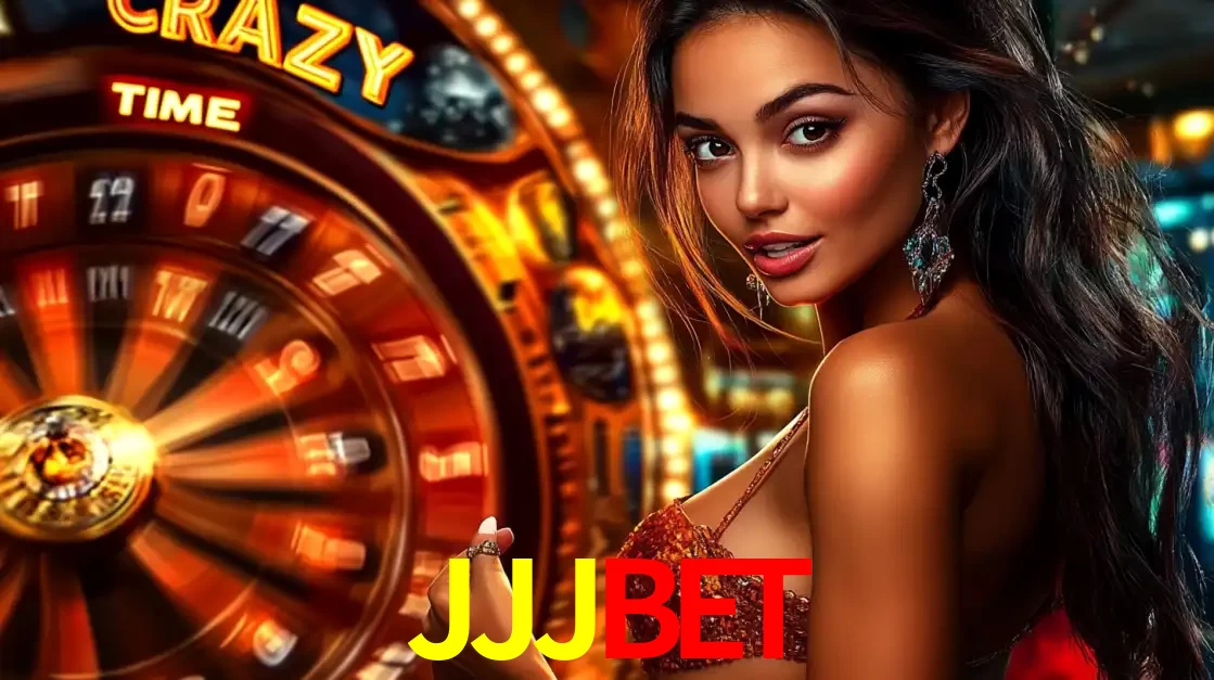 Mulher ao lado da roda de prêmios do jogo de cassino ao vivo Crazy Time, um dos shows de jogos mais emocionantes oferecidos pela plataforma de apostas JJJBET.