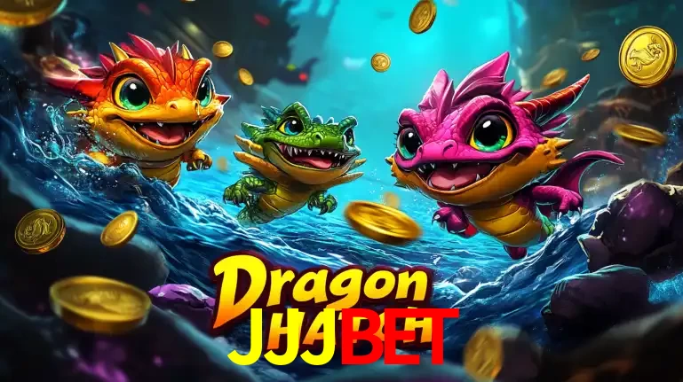 Arte promocional do jogo Dragon Hatch com três adoráveis dragões bebês nadando entre moedas de ouro, um dos slots mais divertidos para jogar no cassino JJJBET.
