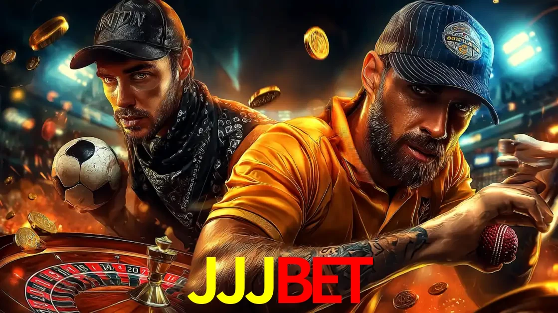 Montagem de apostas esportivas e cassino no JJJBET, com um homem segurando uma bola de futebol e outro uma de beisebol sobre uma roleta e moedas voadoras.