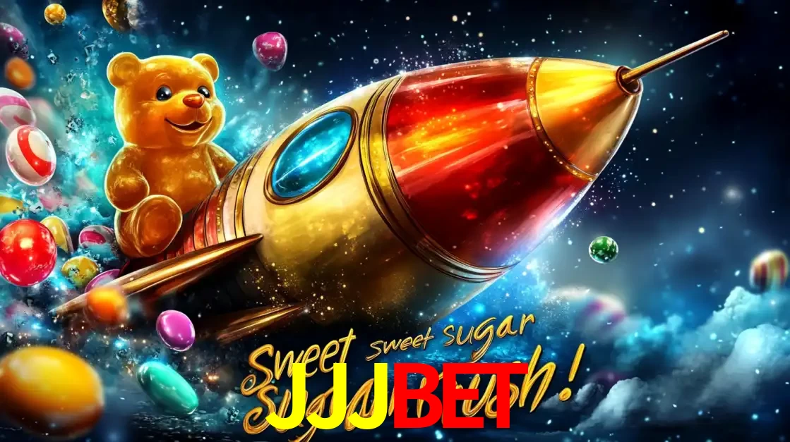 Arte promocional do jogo de slot Sugar Rush, com um urso de pelúcia em um foguete viajando pelo espaço de doces, um dos jogos divertidos disponíveis no cassino JJJBET.