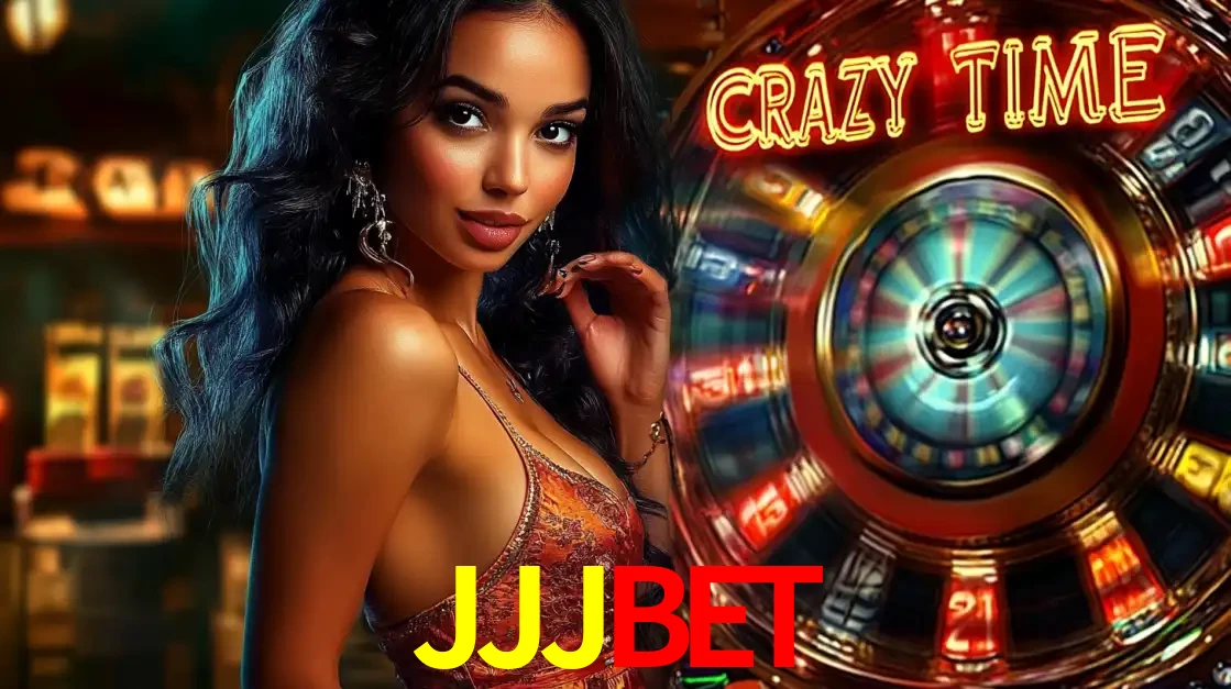 Mulher elegante ao lado da vibrante roda da fortuna do jogo de cassino ao vivo Crazy Time, um dos game shows mais populares e cheios de prêmios do JJJBET.