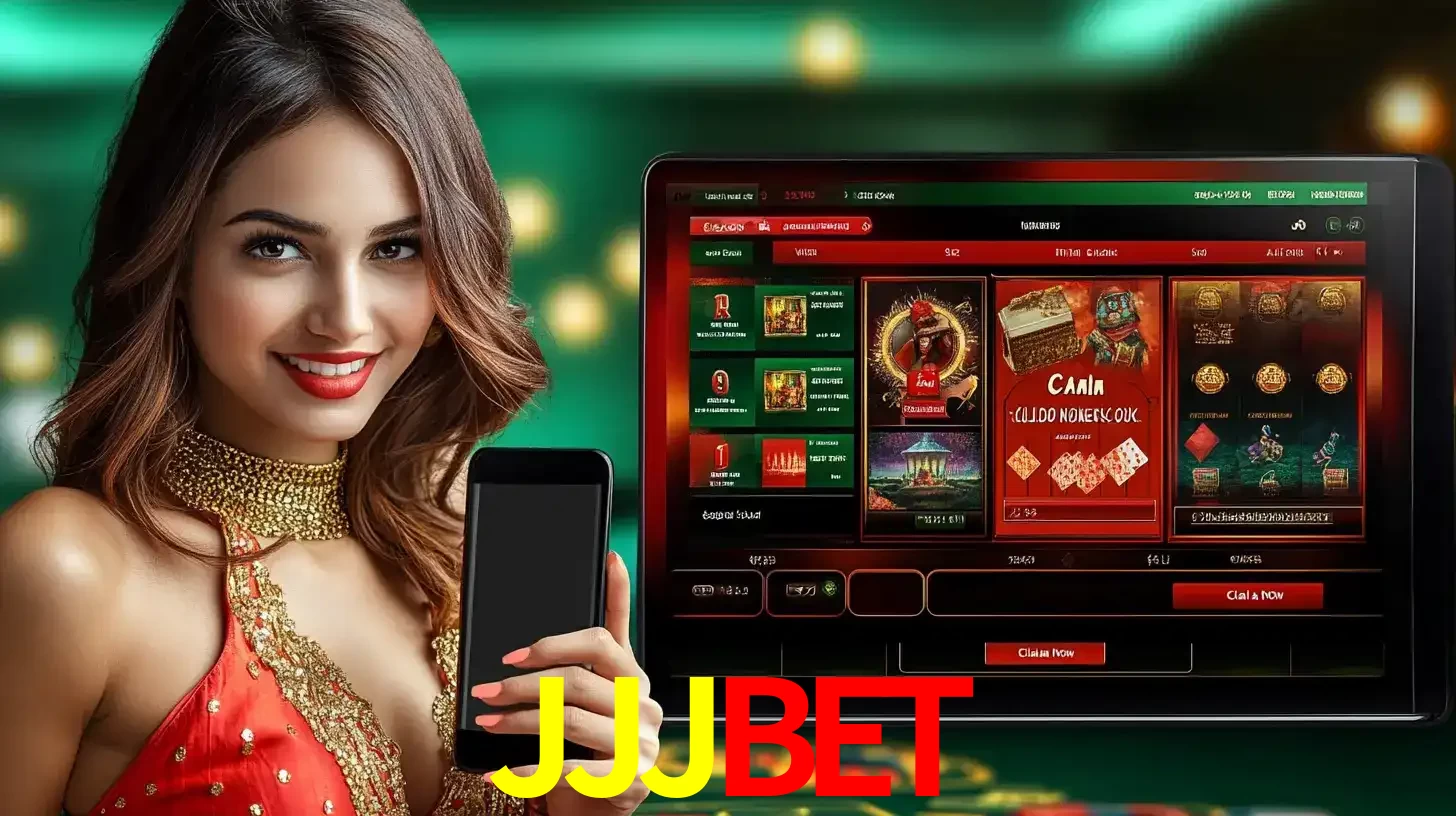 Mulher sorridente segurando um smartphone, ao lado de uma tela exibindo o lobby de jogos do cassino online JJJBET, com várias opções de jogos de cartas e slots.